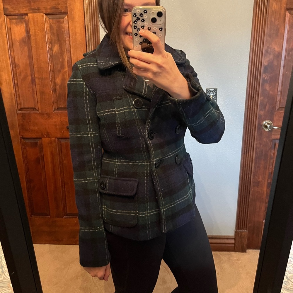 American Eagle Navy, Green, and Black Plaid Peacoat